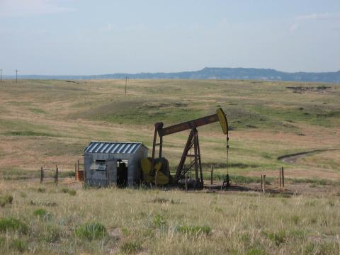 An oil derrick in a pasture